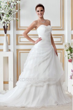 A-Line Strapless Court Train Lace Wedding Dresses 2031463