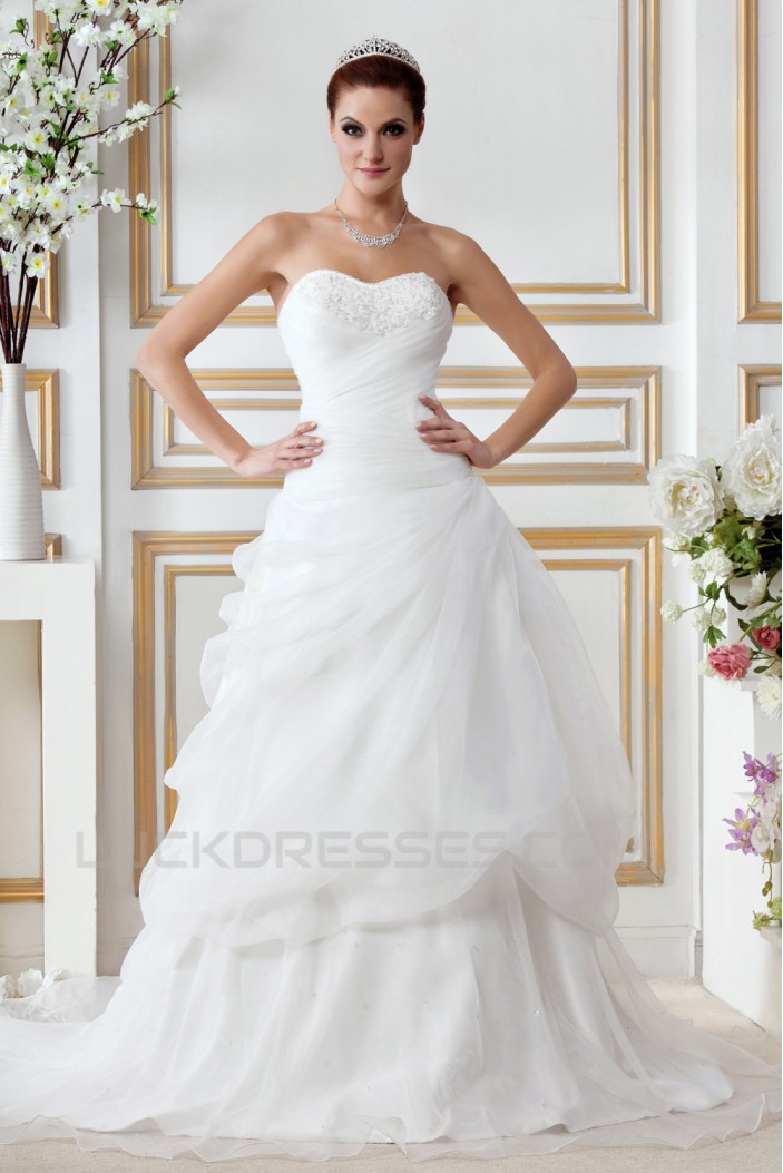 A-Line Strapless Court Train Lace Wedding Dresses 2031463