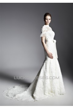 Trumpet/Mermaid High-Neck Court Train Short Sleeve Lace Wedding Dresses 2031466