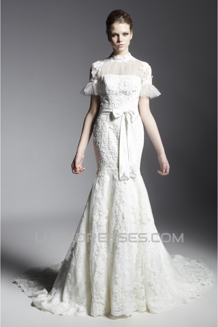 Trumpet/Mermaid High-Neck Court Train Short Sleeve Lace Wedding Dresses 2031466