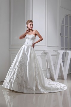 fashionable A-Line Sweetheart Satin Sleeveless Embroidered Sweet Wedding Dresses 2030147