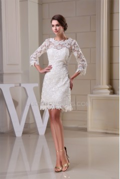 Sheath/Column Scoop 3/4 Length Sleeve Lace Little White Dresses Wedding Dresses 2031496