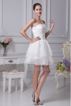 A-Line Satin Fine Netting Strapless Lace Short Reception Wedding Dresses 2031507