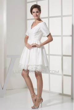 A-Line Short Sleeve V-Neck  Taffeta Lace Short Reception Wedding Dresses 2031517