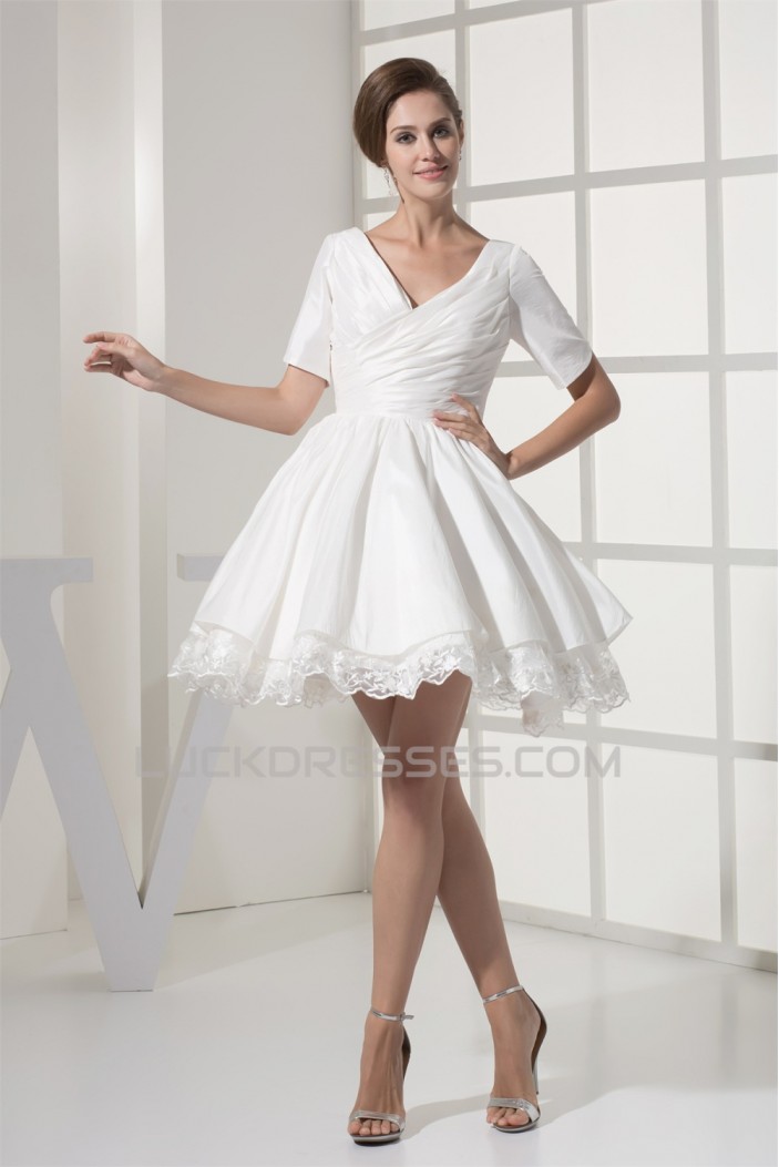 A-Line Short Sleeve V-Neck  Taffeta Lace Short Reception Wedding Dresses 2031517