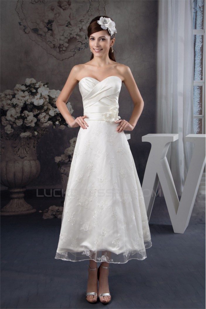 Attractive Sweetheart Sleeveless A-Line Tea Length Lace Little White Dresses 2031522