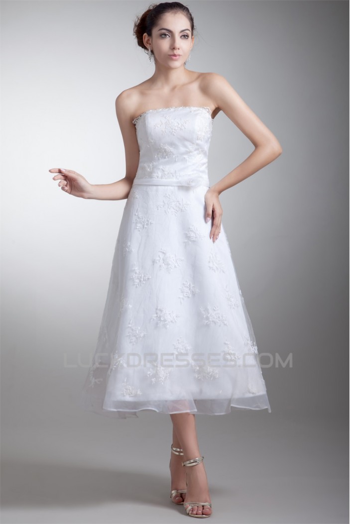 Beautiful Strapless Satin Lace A-Line Tea-Length Wedding Dresses 2031539