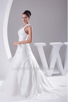 Halter Sleeveless A-Line Satin Taffeta Fine Netting Most Beautiful Wedding Dresses 2030170