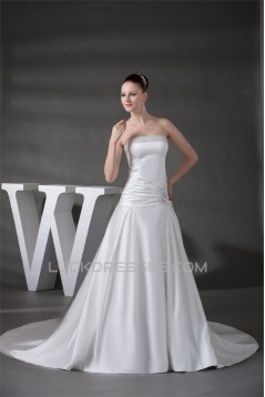 A-Line Sleeveless Strapless Satin Beaded Wedding Dresses 2030178