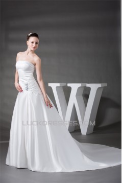 A-Line Sleeveless Strapless Satin Beaded Wedding Dresses 2030178