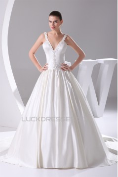 Hot Sale Sleeveless Satin Ball Gown V-Neck Beaded Wedding Dresses 2030179