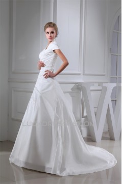 A-Line Square Lace Taffeta Short Sleeve New Arrival Wedding Dresses 2030189