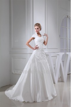 A-Line Square Lace Taffeta Short Sleeve New Arrival Wedding Dresses 2030189