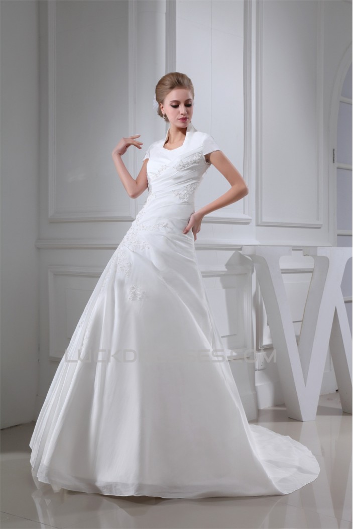 A-Line Square Lace Taffeta Short Sleeve New Arrival Wedding Dresses 2030189