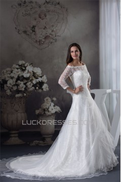 A-Line Long Sleeve Square Satin Lace Fine Netting Wedding Dresses 2030201