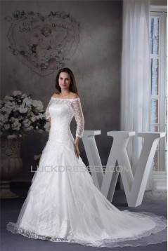 A-Line Long Sleeve Square Satin Lace Fine Netting Wedding Dresses 2030201