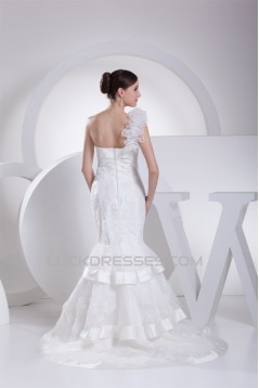 Mermaid/Trumpet Satin Organza One-Shoulder Lace Wedding Dresses 2030205