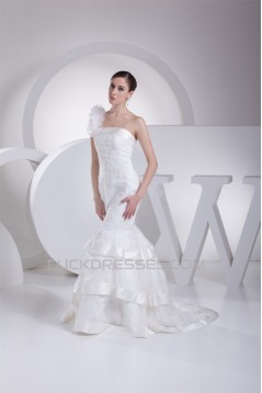 Mermaid/Trumpet Satin Organza One-Shoulder Lace Wedding Dresses 2030205