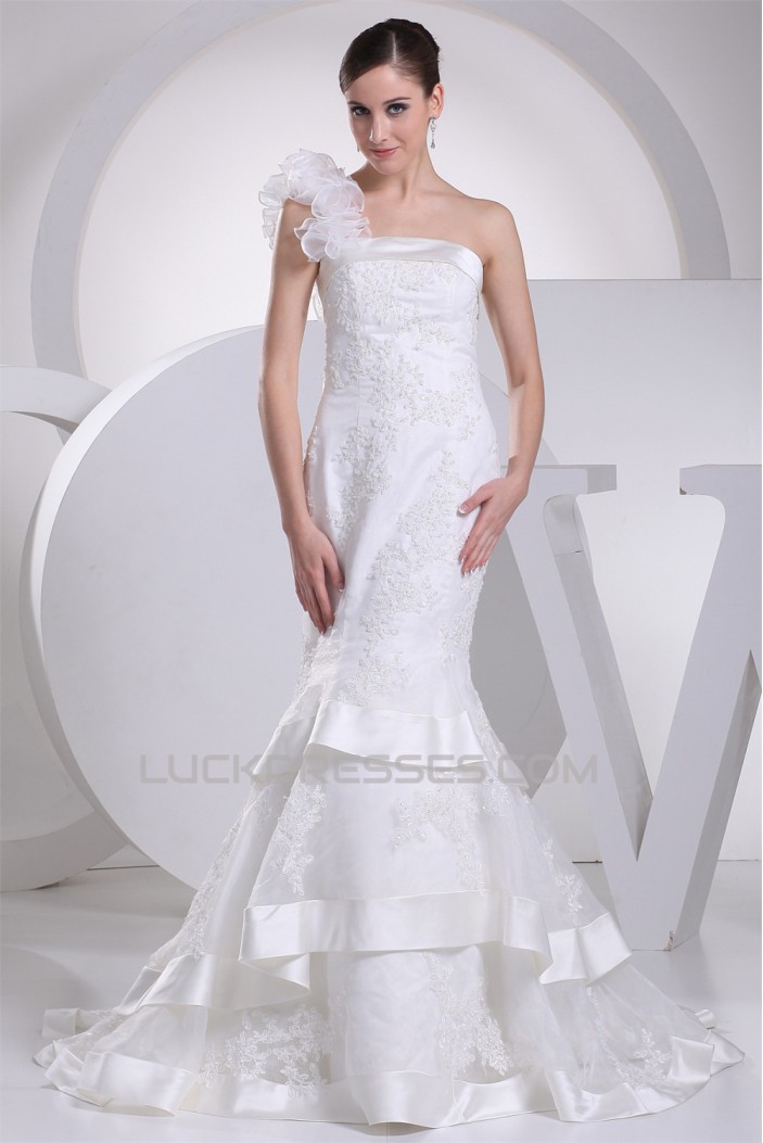 Mermaid/Trumpet Satin Organza One-Shoulder Lace Wedding Dresses 2030205