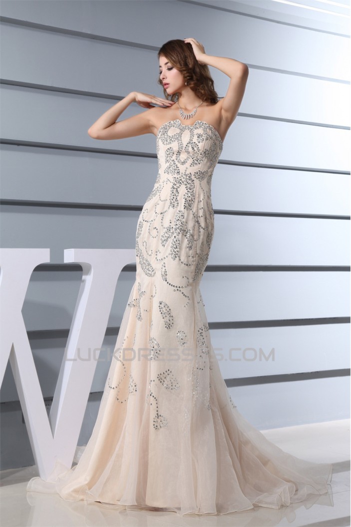 Mermaid/Trumpet Strapless Sleeveless Beaded Sequins Satin Organza Wedding Dresses 2030215