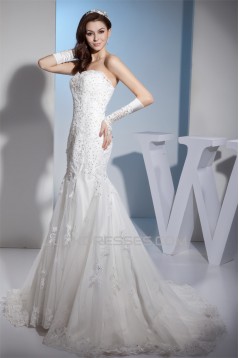 Mermaid/Trumpet Sweetheart Sleeveless Satin Lace Wedding Dresses 2030217