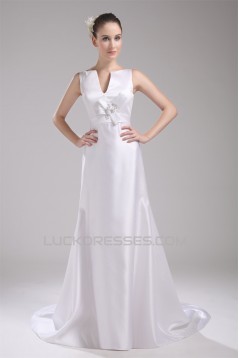 New Design V-Neck Sleeveless Sheath/Column Satin Sweet Wedding Dresses 2030226