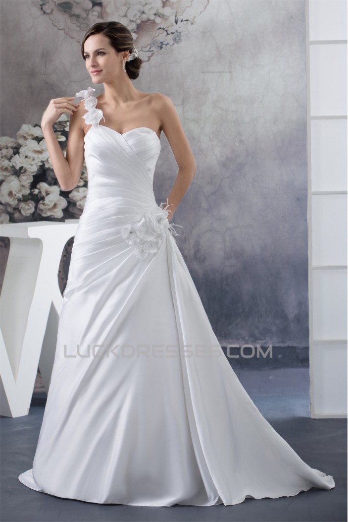 A-Line One-Shoulder Satin Sleeveless Sweetheart Wedding Dresses 2030227