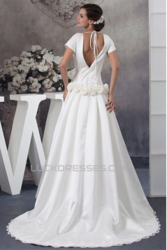 New Style Portrait A-Line Satin Short Sleeve Lace Wedding Dresses 2030231