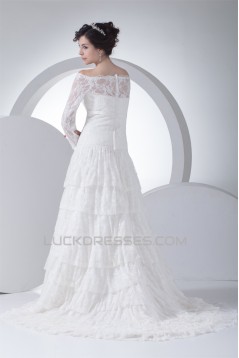 A-Line Satin Lace Fine Netting Off-the-Shoulder Wedding Dresses 2030236