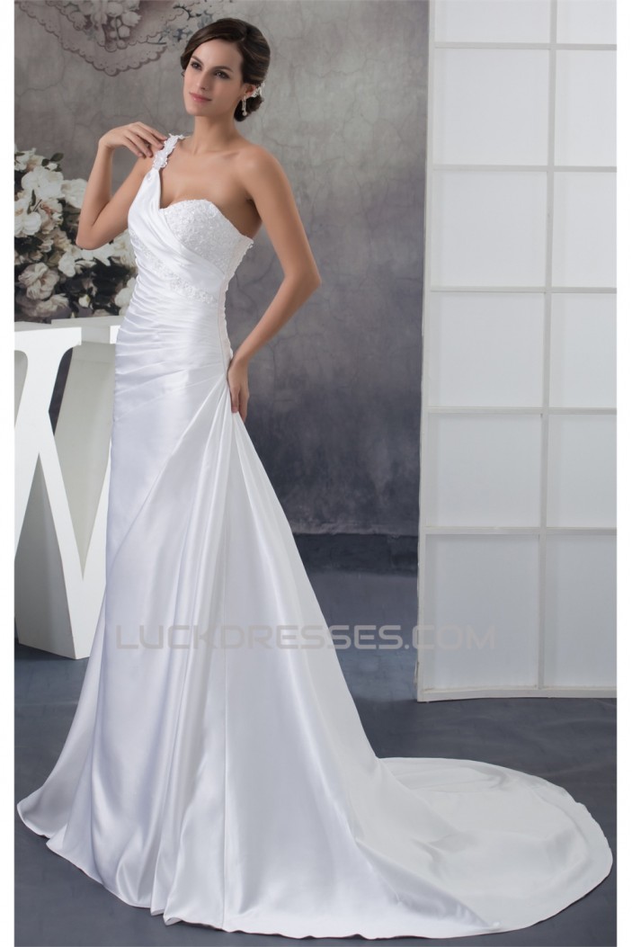 A-Line Satin Lace Sleeveless New Arrival One-Shoulder Wedding Dresses 2030237