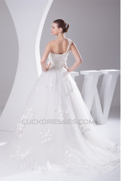 A-Line Sleeveless One-Shoulder Satin Fine Netting Wedding Dresses 2030239