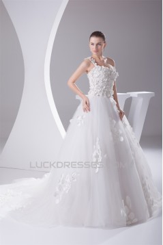 A-Line Sleeveless One-Shoulder Satin Fine Netting Wedding Dresses 2030239