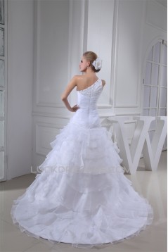 Princess Sleeveless One-Shoulder Satin Organza Beaded Wedding Dresses 2030253