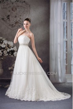 A-Line Strapless Satin Fine Netting Sleeveless Beaded Lace Wedding Dresses 2030269