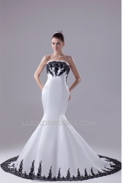 Mermaid/Trumpet Satin Lace Black White Wedding Dresses with A Lace Jacket 2030275