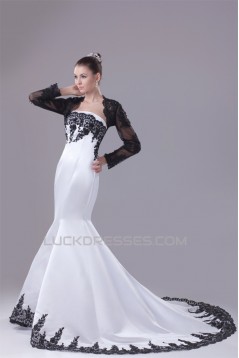 Mermaid/Trumpet Satin Lace Black White Wedding Dresses with A Lace Jacket 2030275