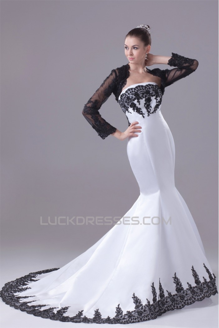 Mermaid/Trumpet Satin Lace Black White Wedding Dresses with A Lace Jacket 2030275