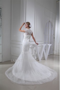 Trumpet/Mermaid Satin Beaded Lace Fine Netting Wedding Dresses 2030276