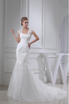 Trumpet/Mermaid Satin Beaded Lace Fine Netting Wedding Dresses 2030276