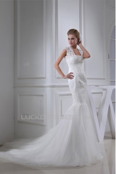 Trumpet/Mermaid Satin Beaded Lace Fine Netting Wedding Dresses 2030276