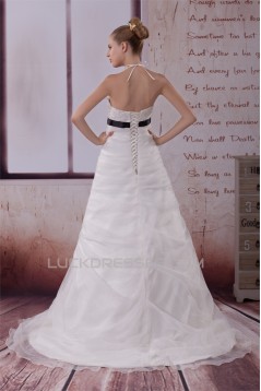 A-Line Halter Beaded Satin Lace Organza Wedding Dresses 2030280