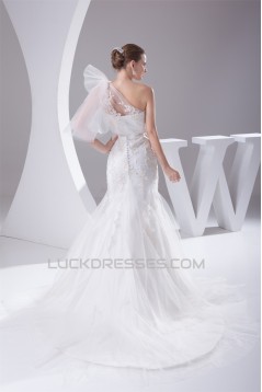 Mermaid/Trumpet Satin Netting Lace One-Shoulder Wedding Dresses 2030286