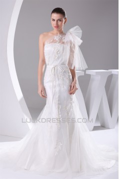 Mermaid/Trumpet Satin Netting Lace One-Shoulder Wedding Dresses 2030286