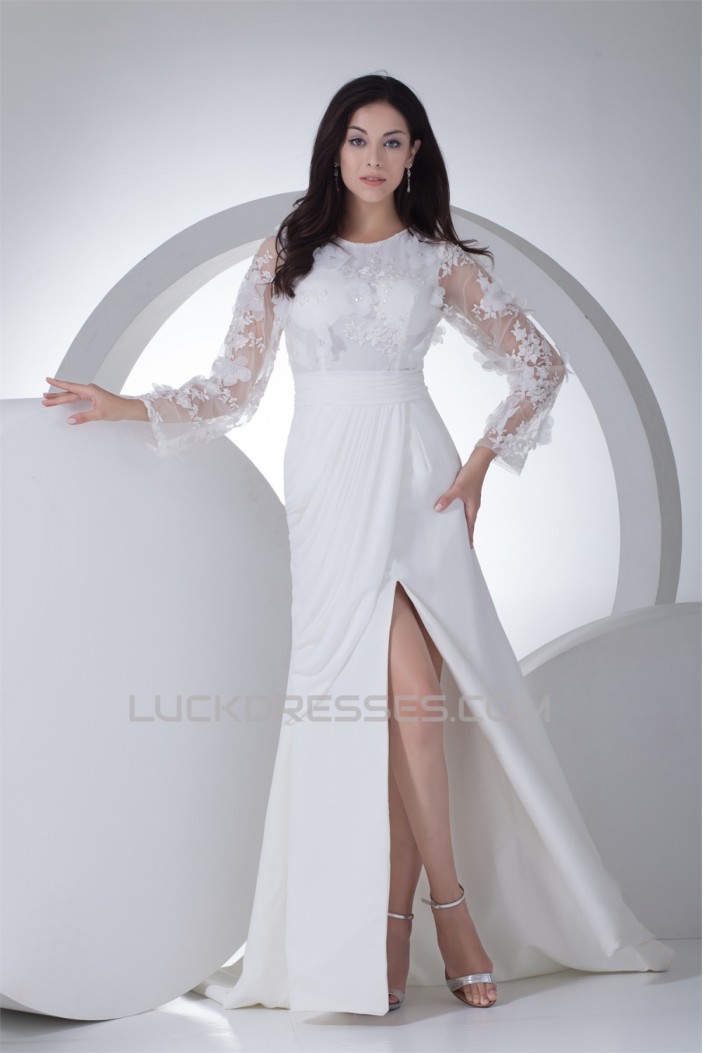 Sheath/Column Chiffon Satin Lace Long Sleeve Front Split Wedding Dresses 2030318