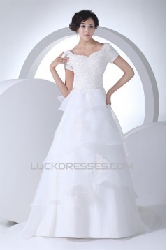 A-Line Satin Organza Straps Short Sleeve Lace Wedding Dresses 2030324