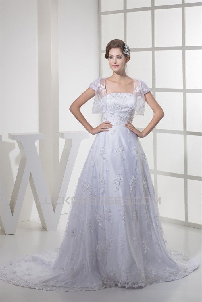 A-Line Strapless Satin Lace Fine Netting Short Sleeve Wedding Dresses 2030339