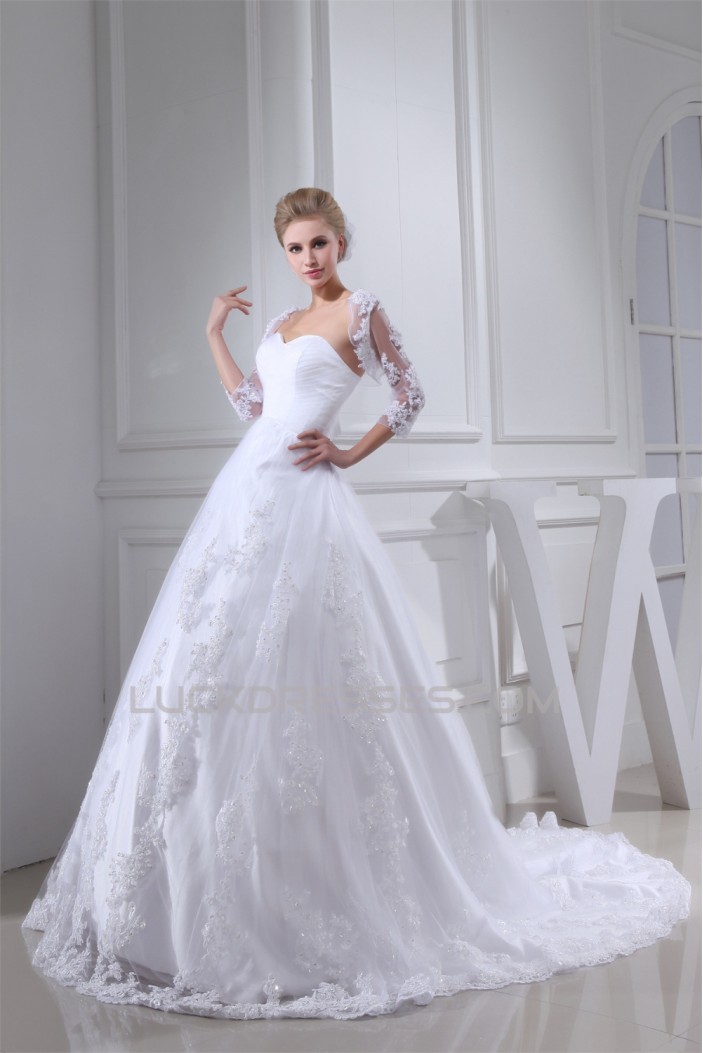 A-Line Sleeveless Satin Lace Fine Netting Best Wedding Dresses with A Lace Jacket 2030346