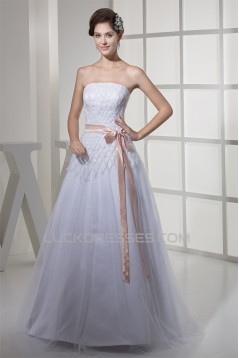 A-Line Strapless Sleeveless Satin Fine Netting Wedding Dresses 2030353