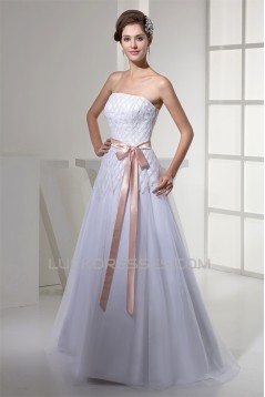 A-Line Strapless Sleeveless Satin Fine Netting Wedding Dresses 2030353