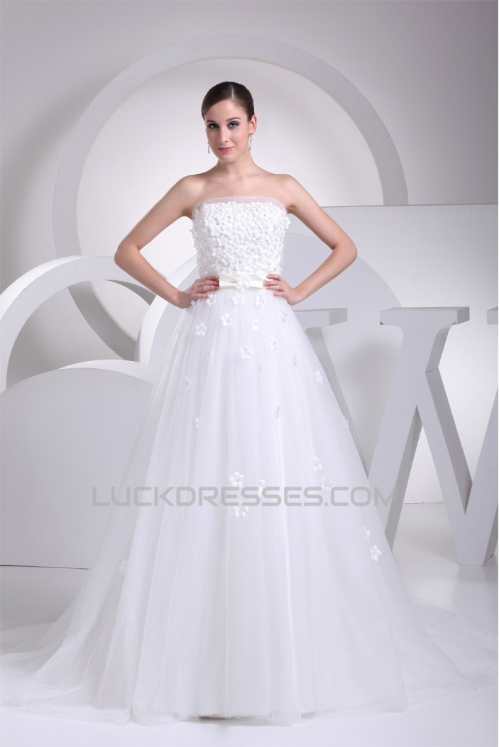 Sleeveless A-Line Strapless Satin Organza Fine Netting Sweet Wedding Dresses 2030354